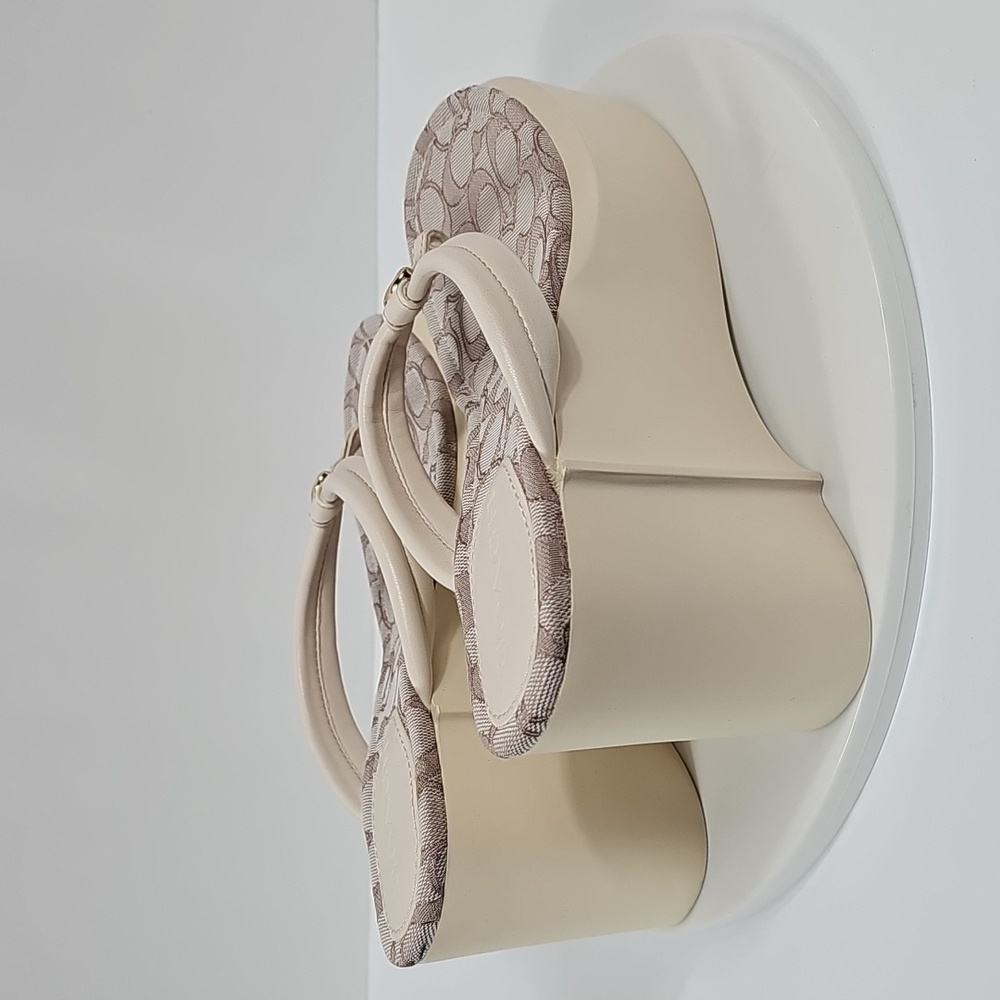 NIB Coach Franki Leather Jacquard Flip Flop Wedge Platform Sandals 10B Cream - Picture 6 of 16